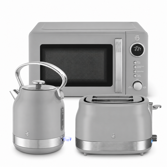 Swan Retro Pyramid Kettle, 2 Slice Toaster & Microwave Kitchen Set (Grey)