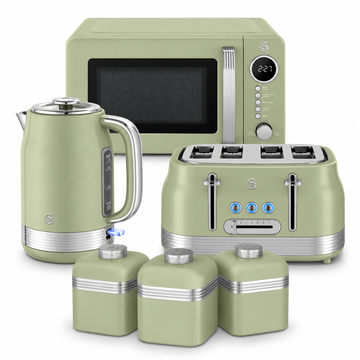Swan Retro Jug Kettle, 4 Slice Toaster, Canisters & Microwave Kitchen Set (Green)