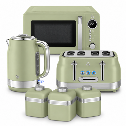 Swan Retro Jug Kettle, 4 Slice Toaster, Canisters & Microwave Kitchen Set (Green)