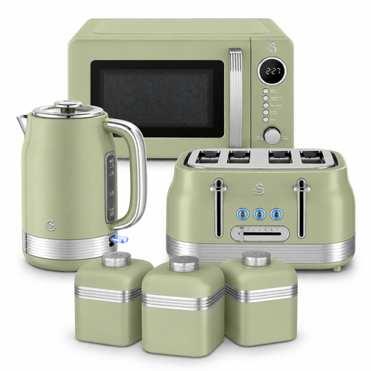 Swan Retro Jug Kettle, 4 Slice Toaster, Canisters & Microwave Kitchen Set (Green)
