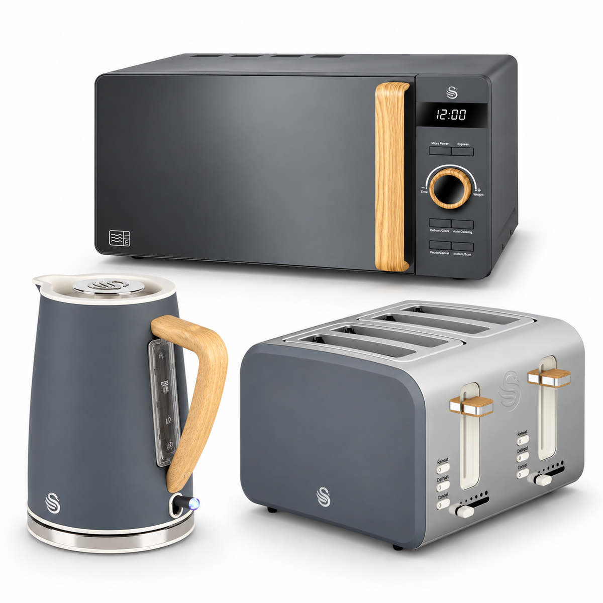 Swan Nordic Jug Kettle, 4 Slice Toaster & Microwave Kitchen Set (Grey)