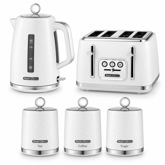 Swan Elegance Kettle, 4 Slice Toaster & Canisters Kitchen Set (White)