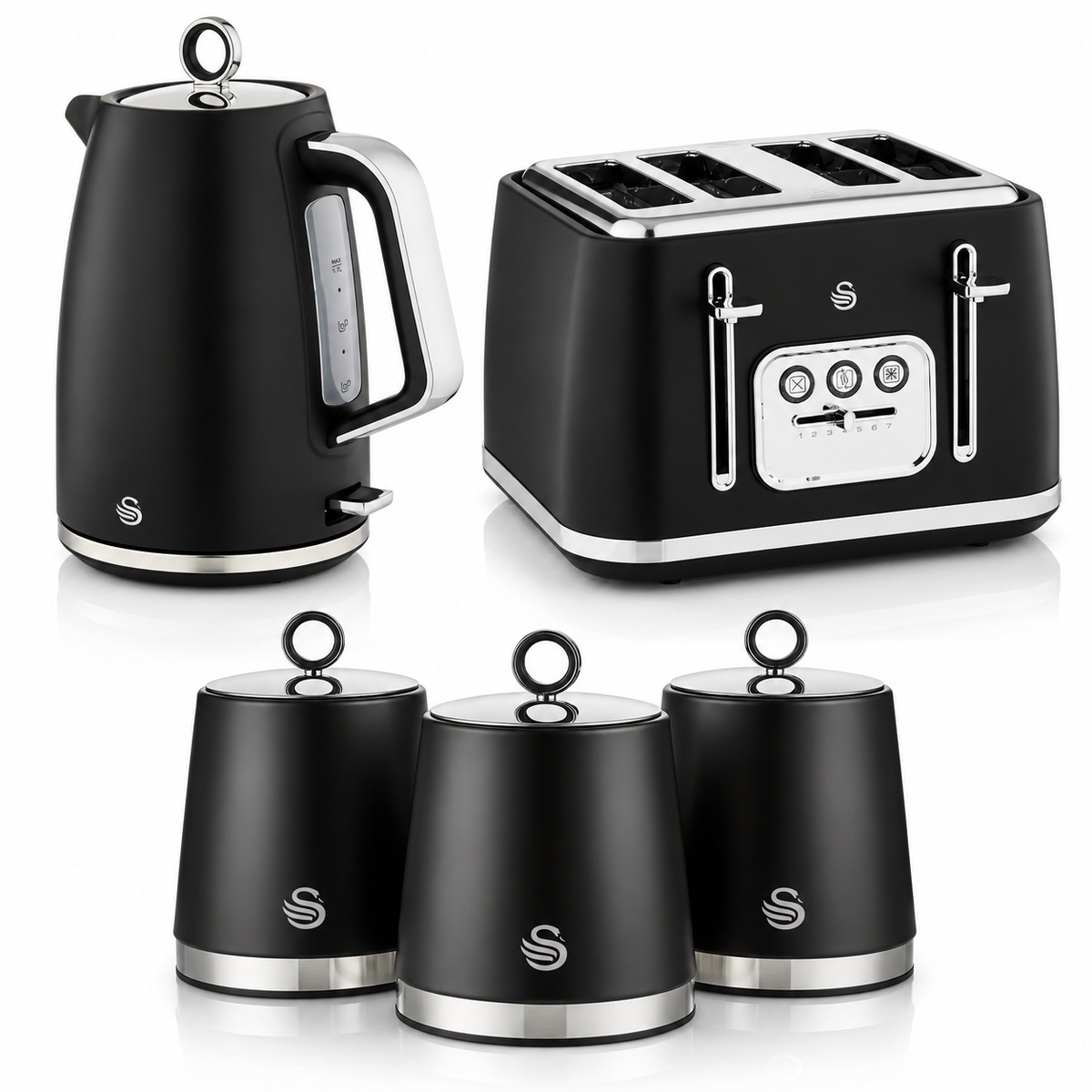 Swan Swan Serenity Kettle, 4 Slice Toaster & Canisters Kitchen Set (Black)