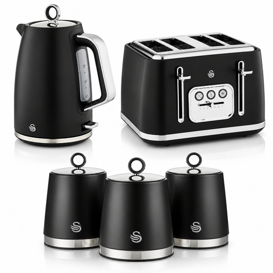 Swan Serenity Kettle, 4 Slice Toaster & Canisters Kitchen Set (Black)