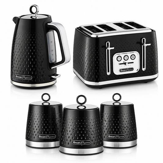 Swan Elegance Kettle, 4 Slice Toaster & Canisters Kitchen Set (Black)