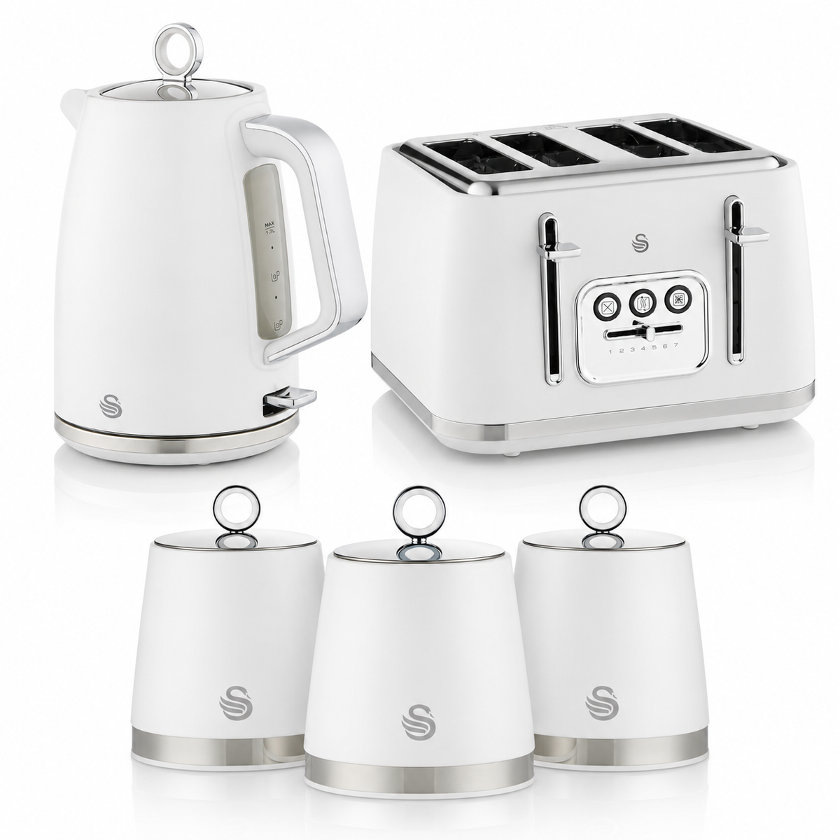 Swan Swan Serenity Kettle, 4 Slice Toaster & Canisters Kitchen Set (White)