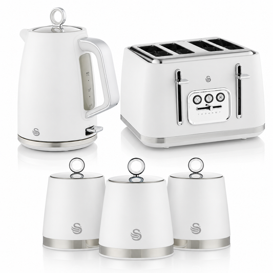 Swan Serenity Kettle, 4 Slice Toaster & Canisters Kitchen Set (White)