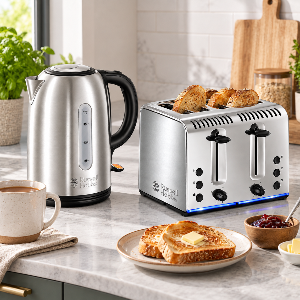 Russell Hobbs Kettle & 4 Slice Toaster Set 20441 20750 Silver (Stainless Steel)