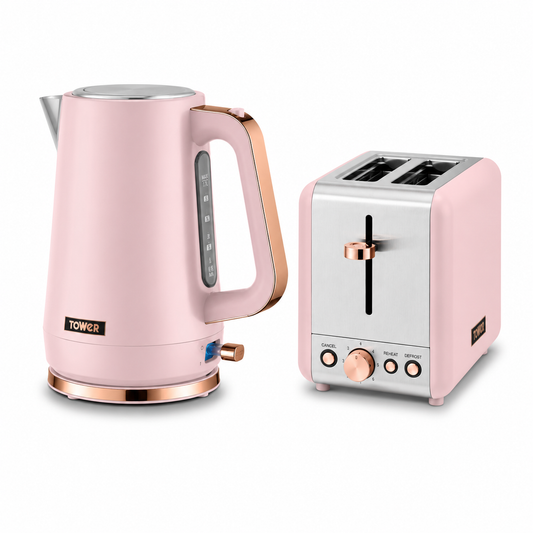 Marshmallow pink electric kettle and 2-slice toaster with stainless steel top
