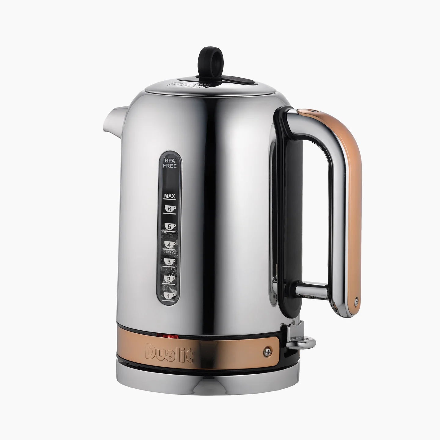 Stainless steel electric kettle with black display panel, copper base trim, and handle