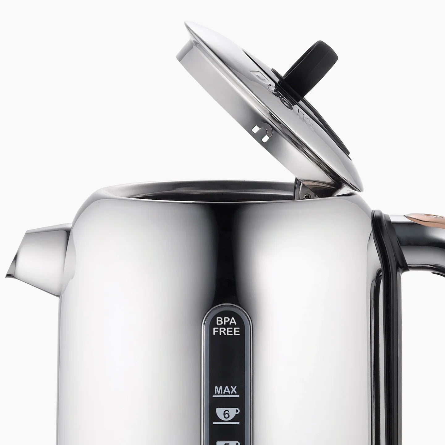 Stainless electric kettle with black lid and BPA-free max level indicator
