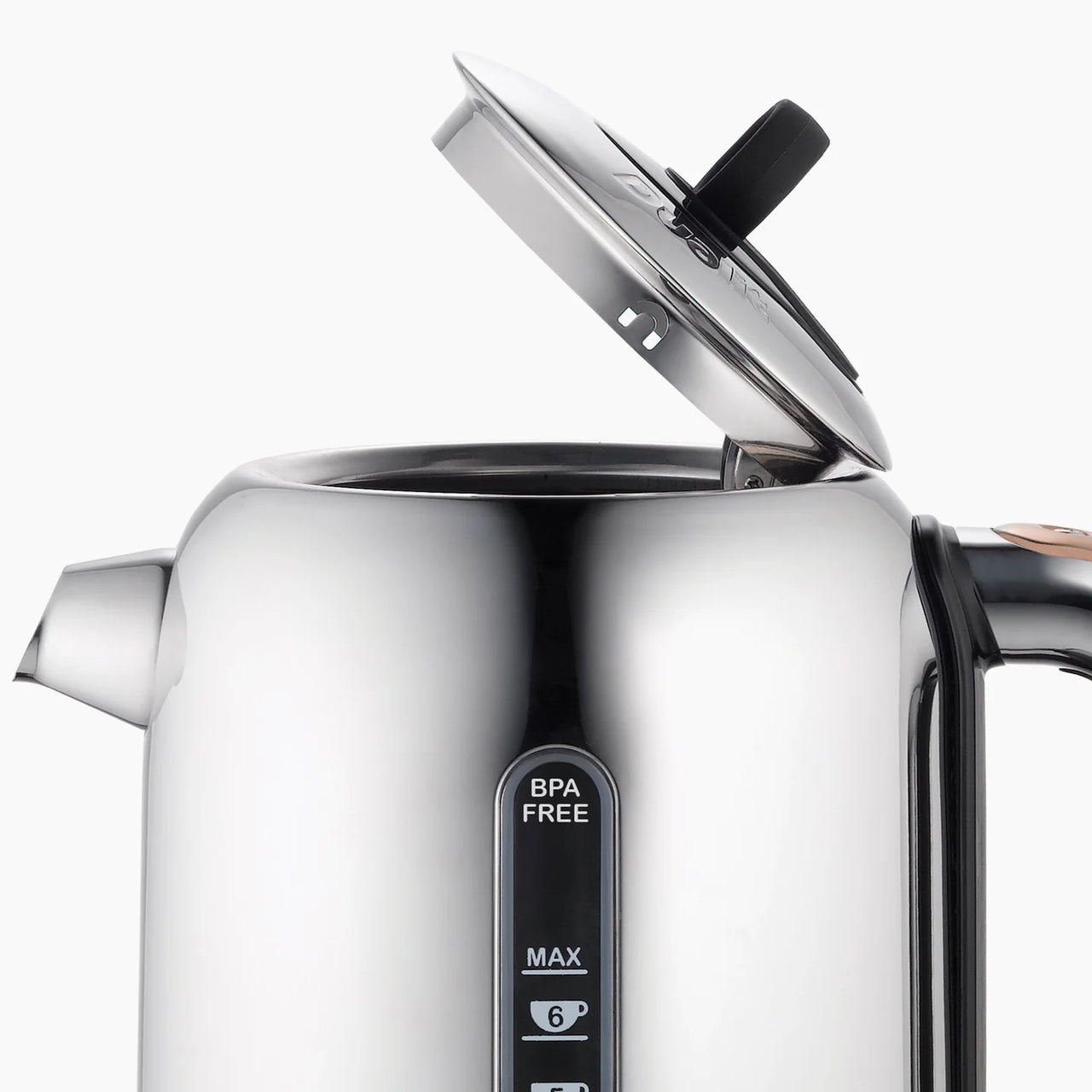 Stainless steel electric jug kettle close-up of side controls and max scale