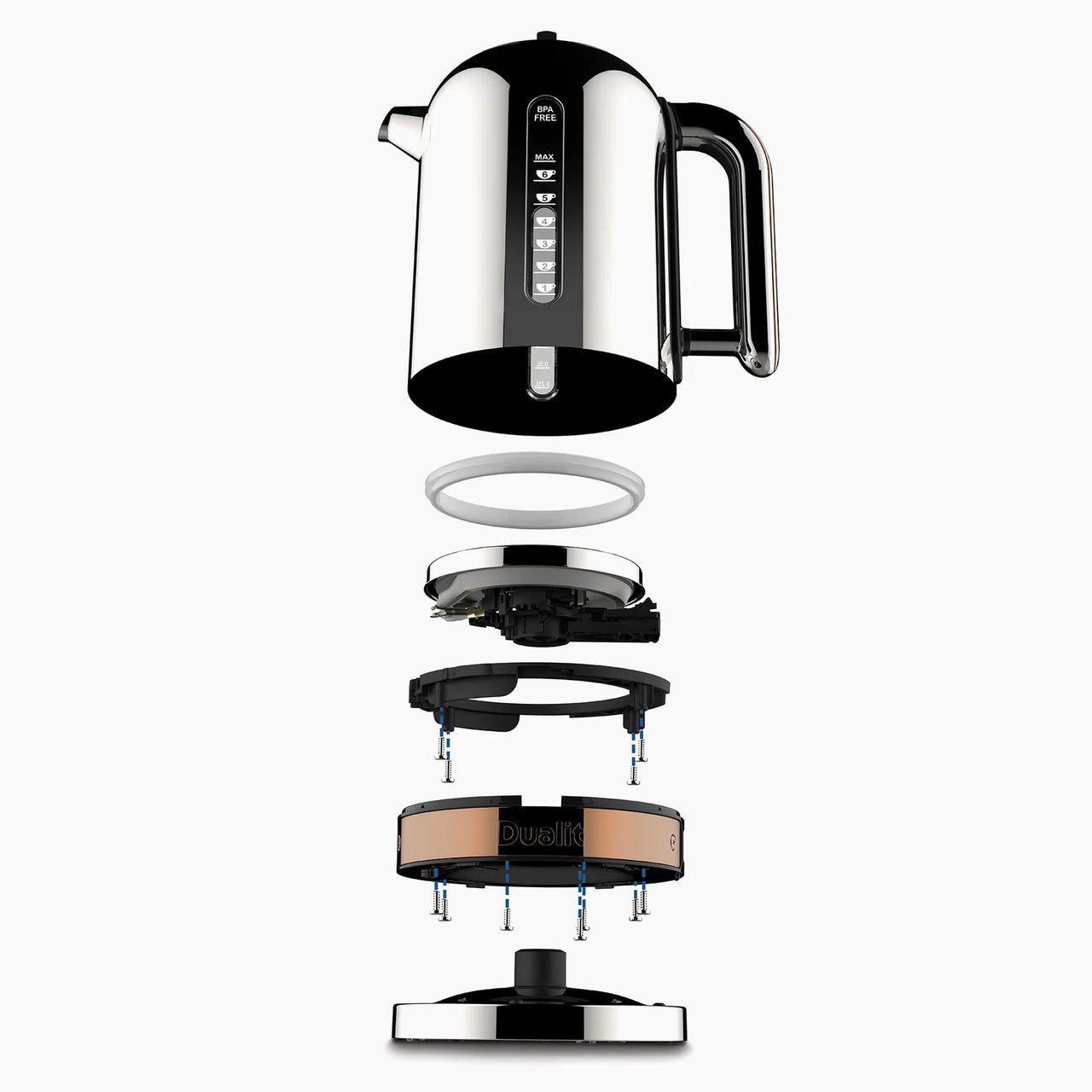 Dualit kettle parts shown in an exploded view, including lid and base