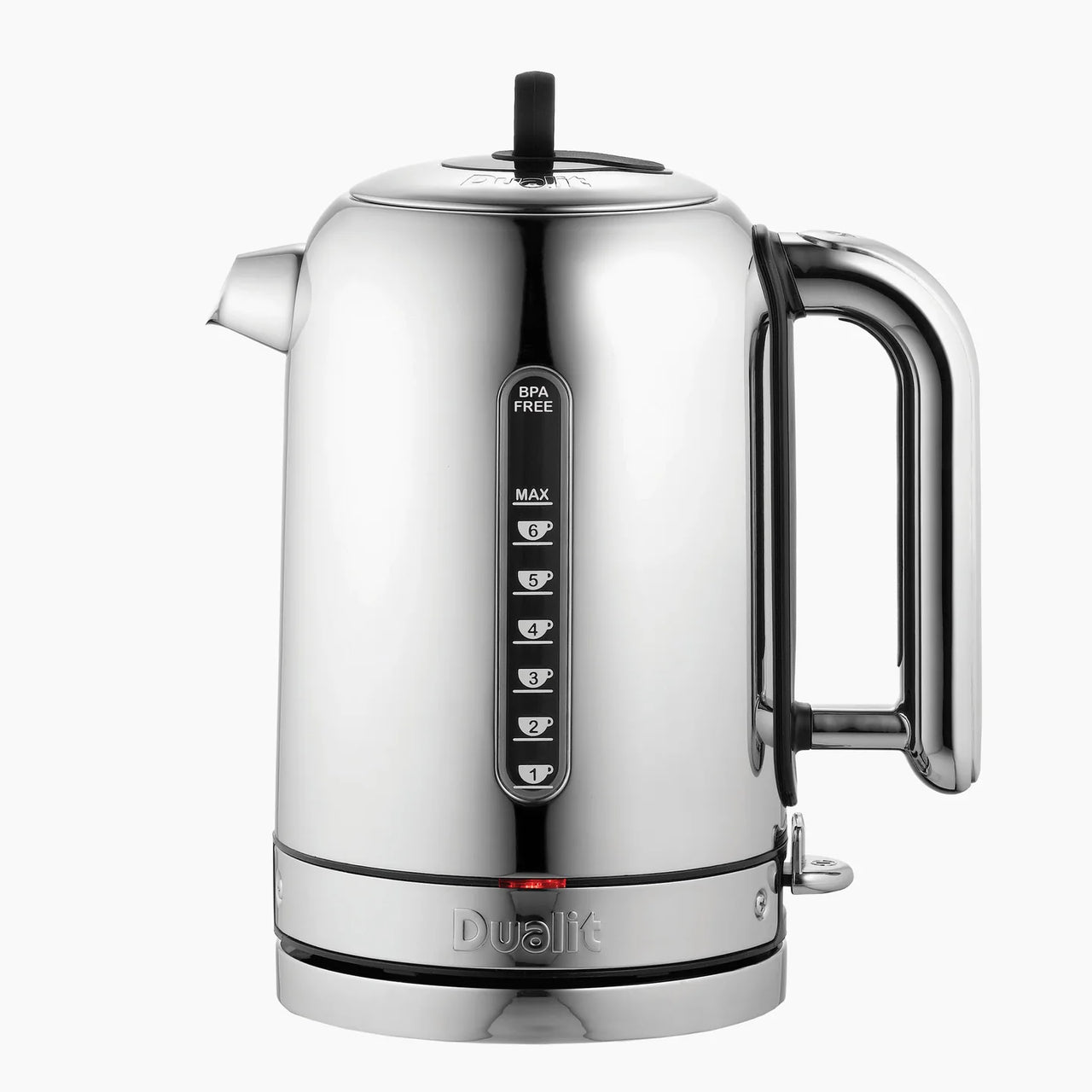 Stainless steel electric kettle with flip-top lid and viewing window markings