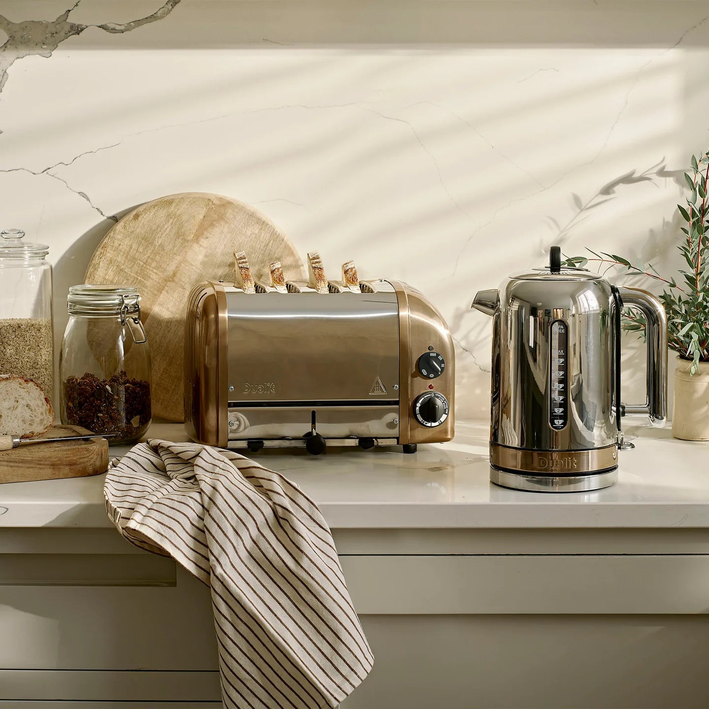 Dualit Classic Silver Kettle & Sandstone 2 Slice Vario AWS Toaster Kitchen Set