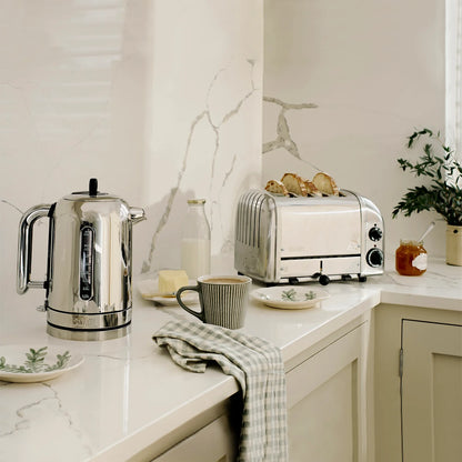 Dualit Classic Silver Kettle & Sandstone 4 Slice Vario AWS Toaster Kitchen Set