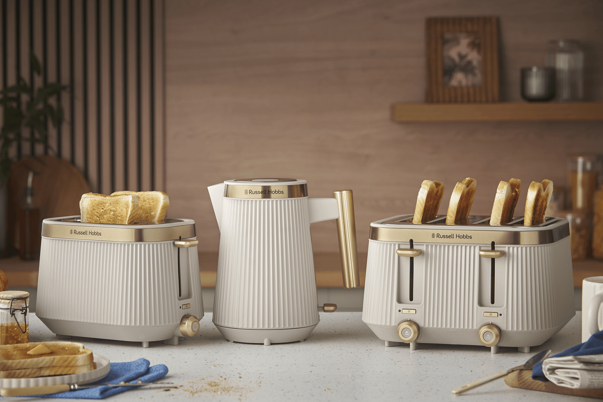 Russell Hobbs Bronte Jug Kettle & 4 Slice Toaster Kitchen Set (Stone) - Vibe Home