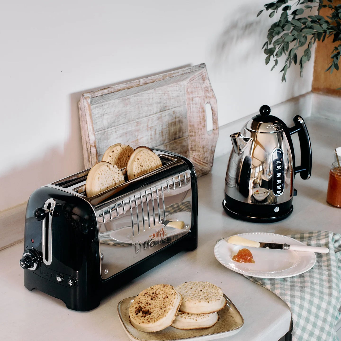 Dualit Lite Jug Kettle & 2 Slice Long Slot Toaster Kitchen Set (Black)