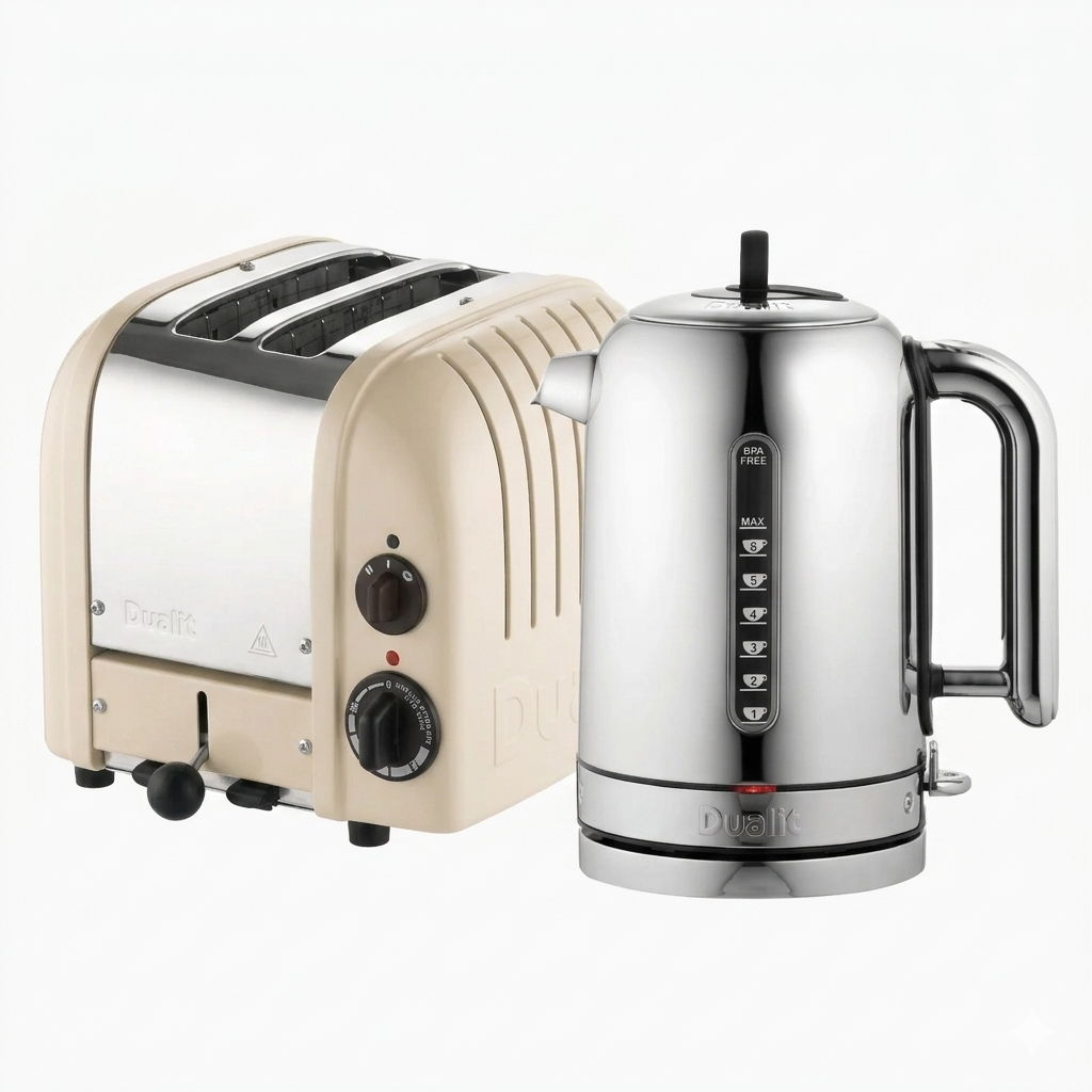 Cream-colored toaster and chrome kettle on a white background