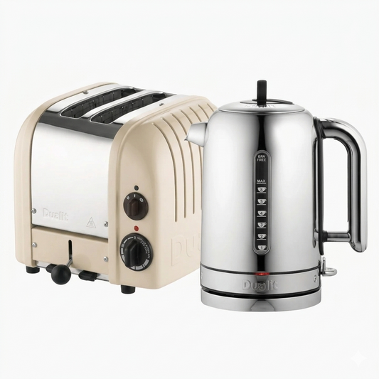 Cream-colored toaster and chrome kettle on a white background