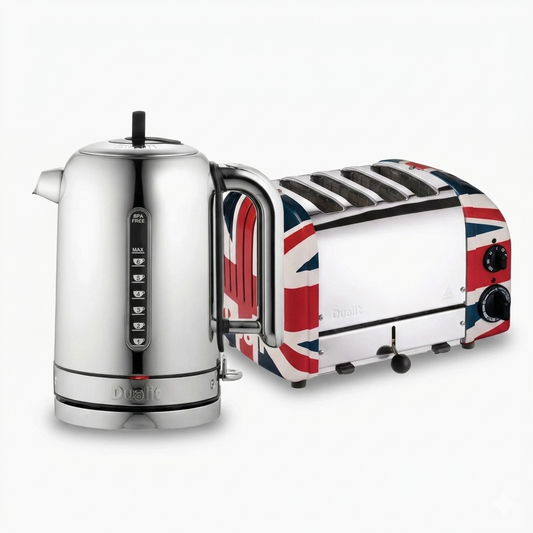 Silver kettle and Union Jack toaster on a white background