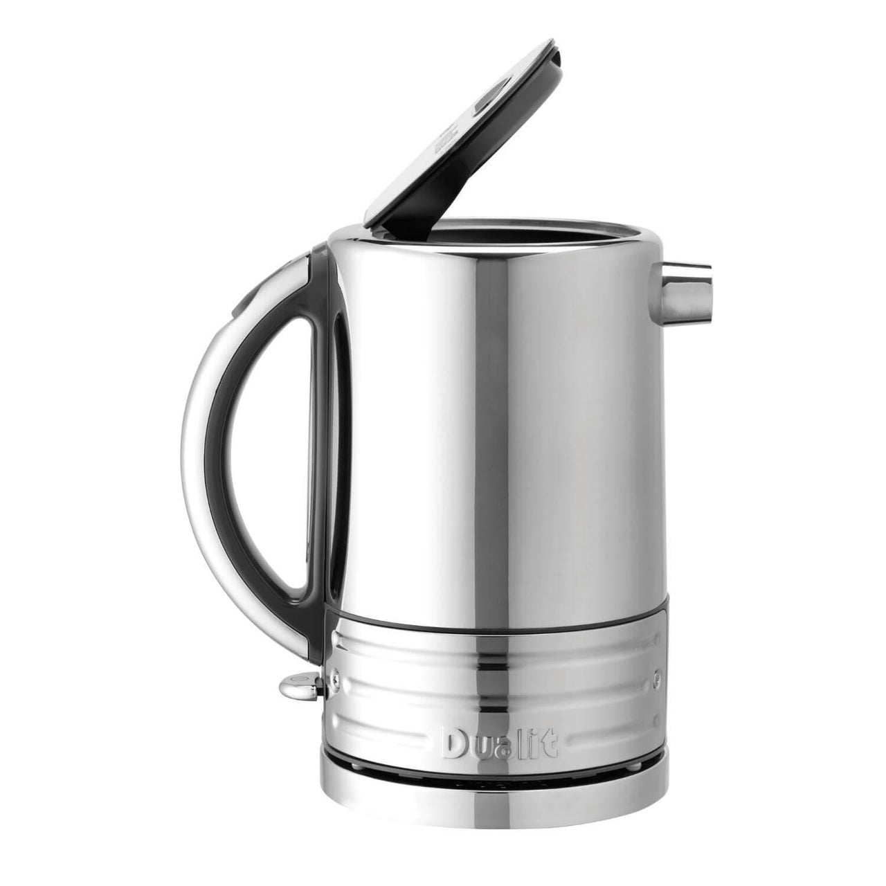 Electric kettle in brushed stainless steel with curved handle and lid