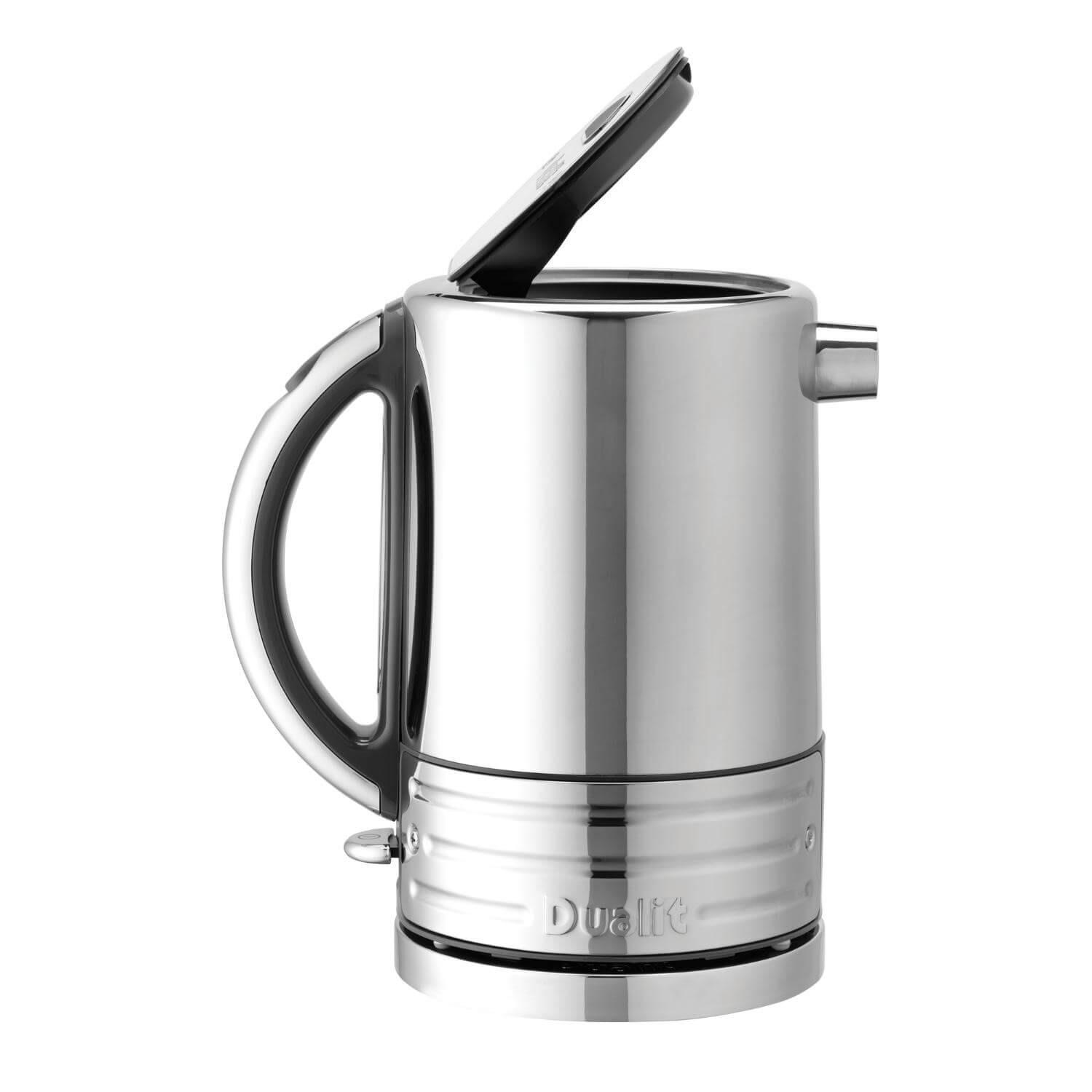Electric kettle in brushed stainless steel with curved handle and lid