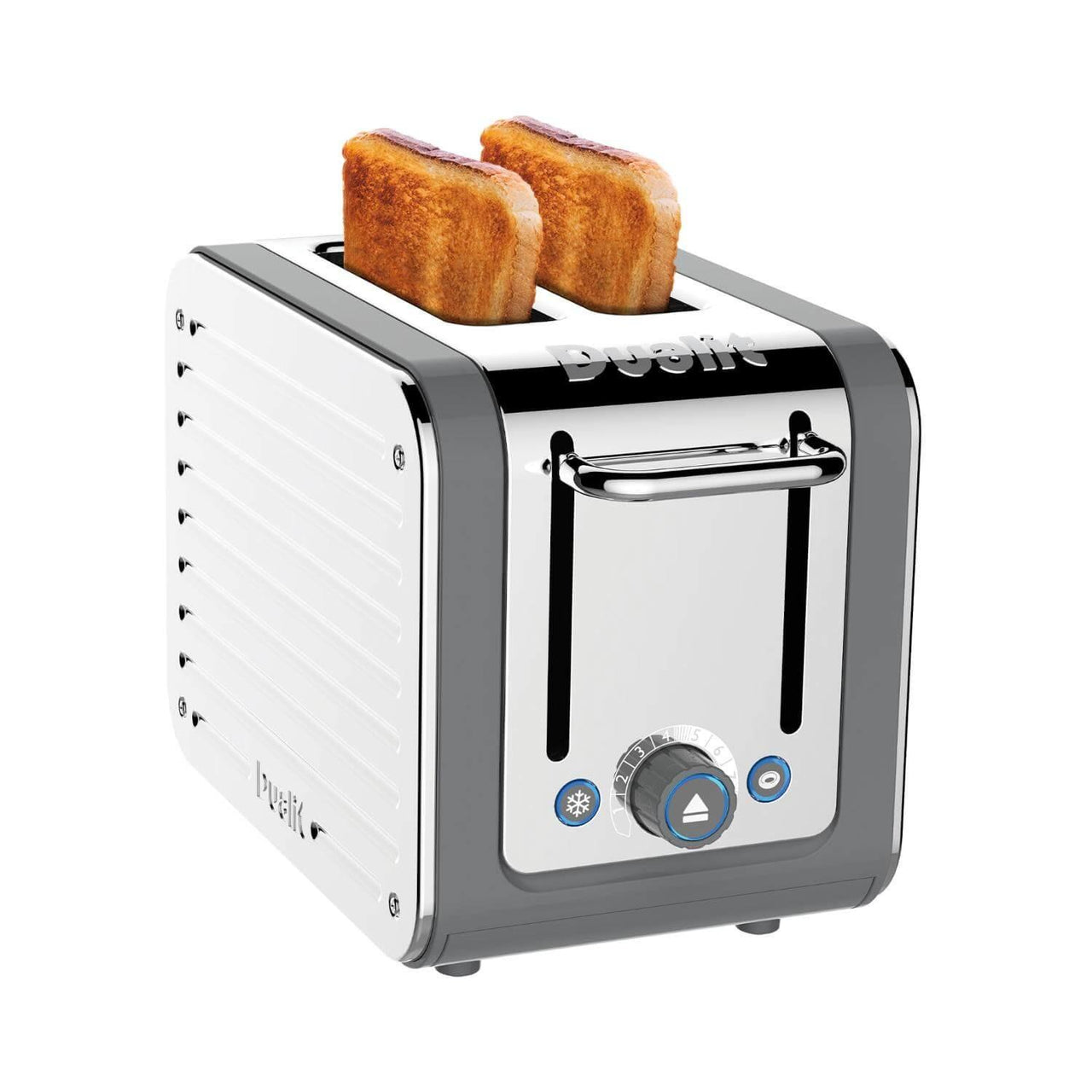 2-slice toaster with bread slices in the slots, grey and silver