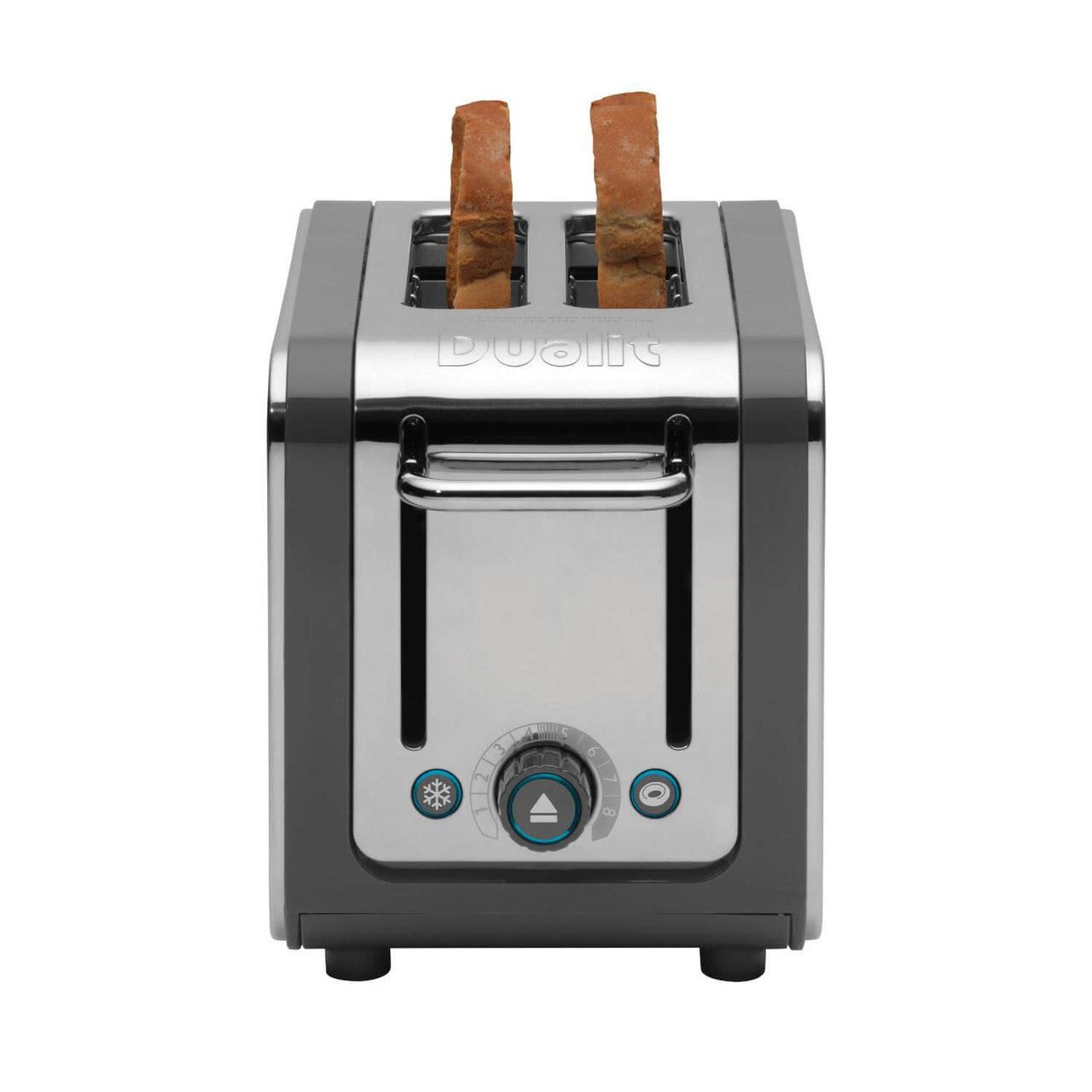 2-slice toaster from the front with two bread slices in the slots