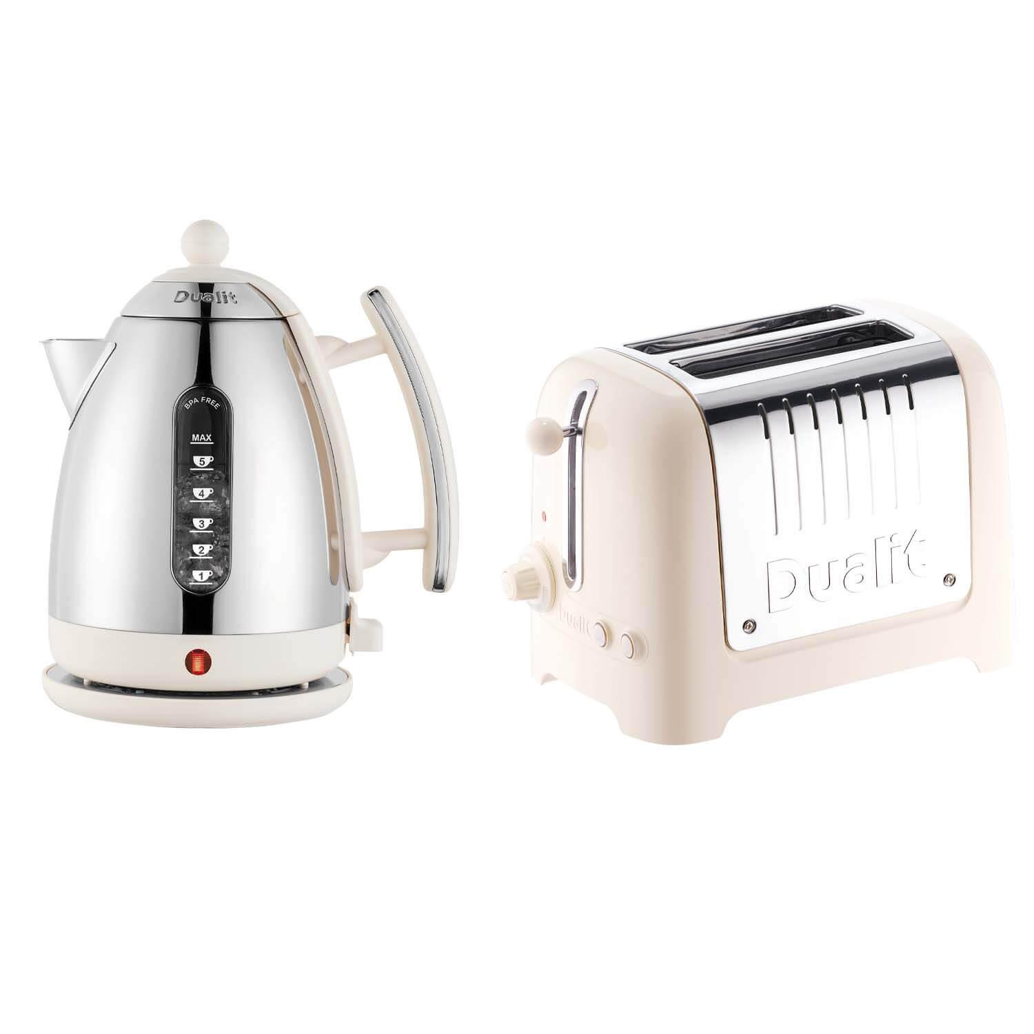 Dualit kettle and 2-slice toaster set in canvas white with stainless accents
