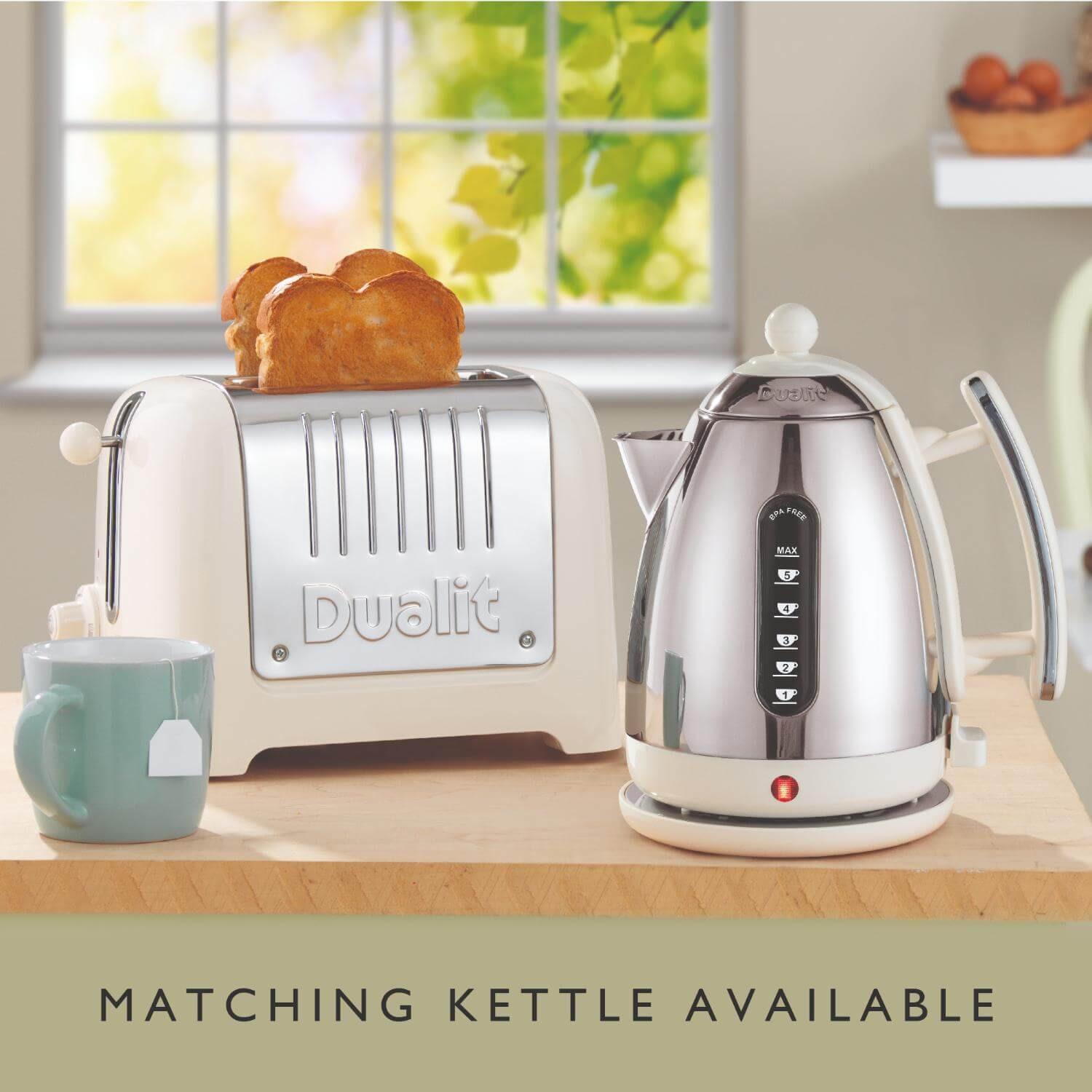 White Dualit toaster and chrome electric kettle set with rounded handles