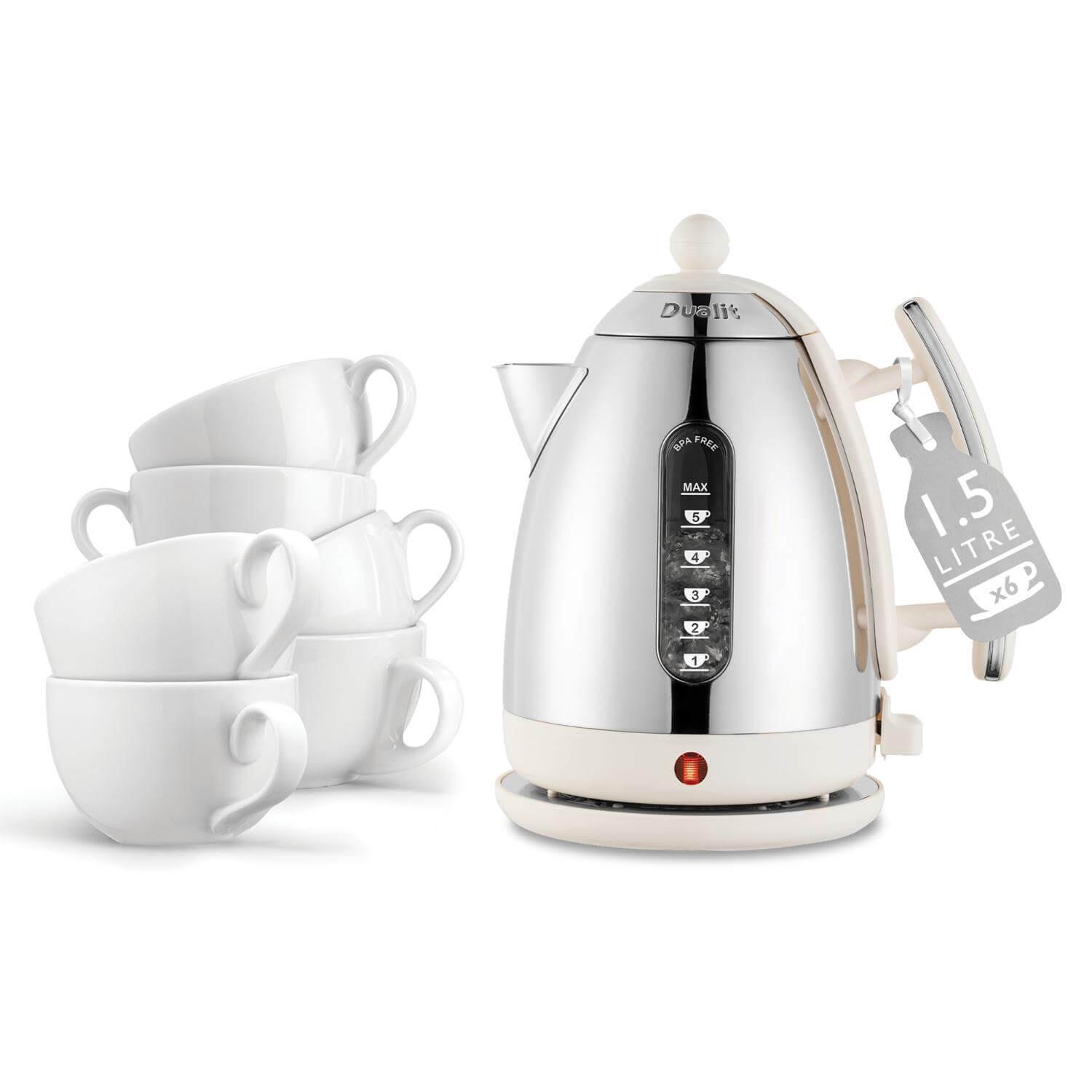 Canvas white jug kettle and 2-slice toaster with matching white teacups