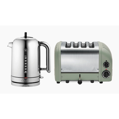 Dualit Classic Silver Kettle & Sage 4 Slice Vario AWS Toaster Kitchen Set