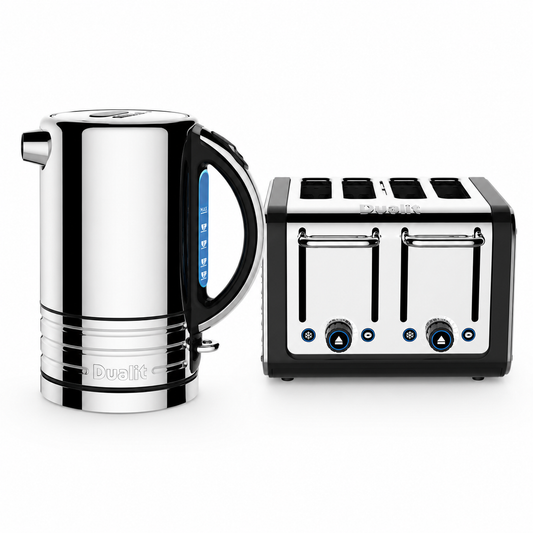 Kitchen countertop set with stainless kettle and black 4-slice toaster with controls