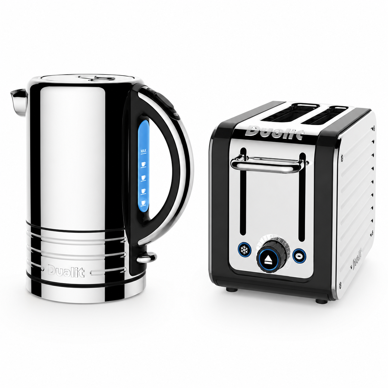 Stainless electric kettle with blue status light and black-accented 2-slice toaster
