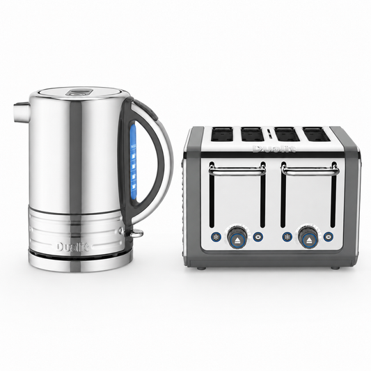 Stainless steel kettle and 4-slice toaster with blue control dials and black slot tops