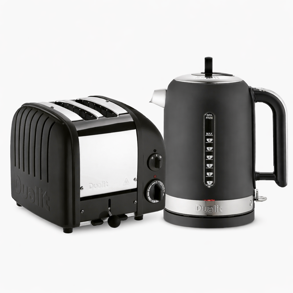 Black toaster and kettle with silver accents on a white background