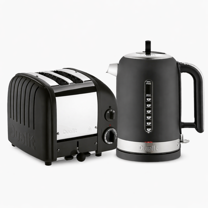 Black toaster and kettle with silver accents on a white background