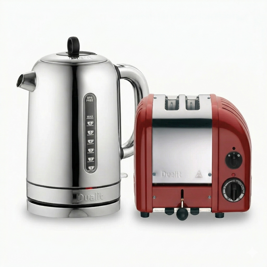 Silver kettle and red toaster with Dualit branding on a white background