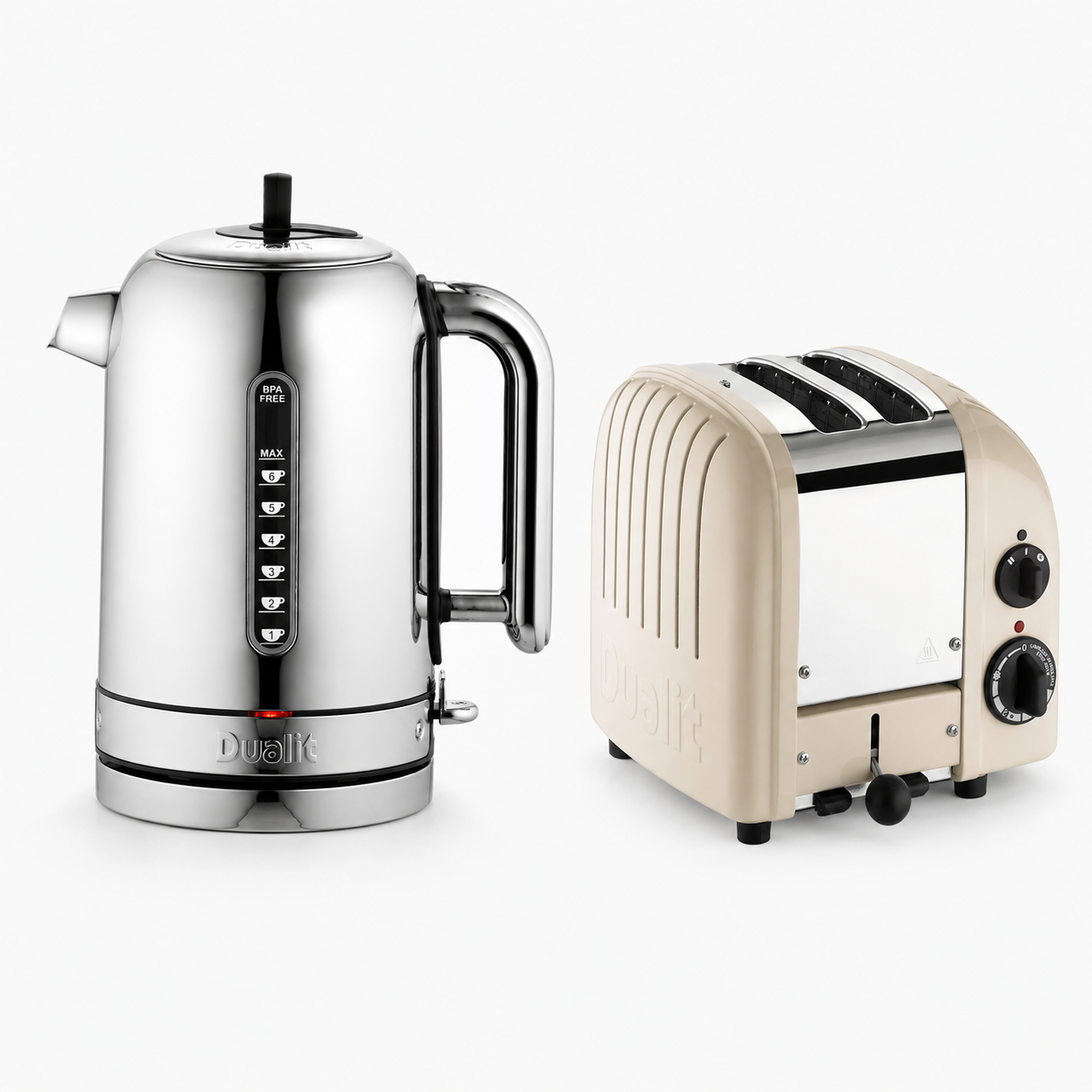 Cream stainless kettle and 2-slice toaster set with dual control knobs