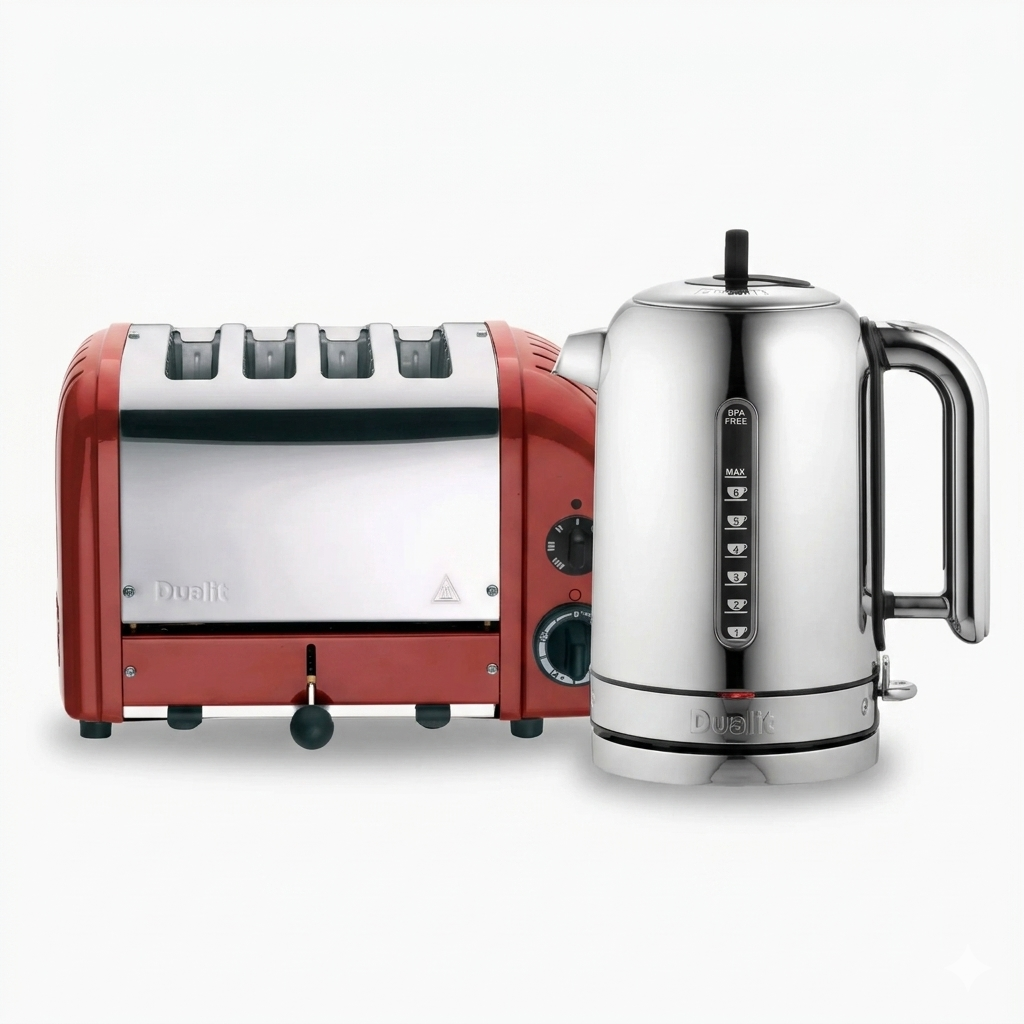 Red toaster and silver kettle on a white background