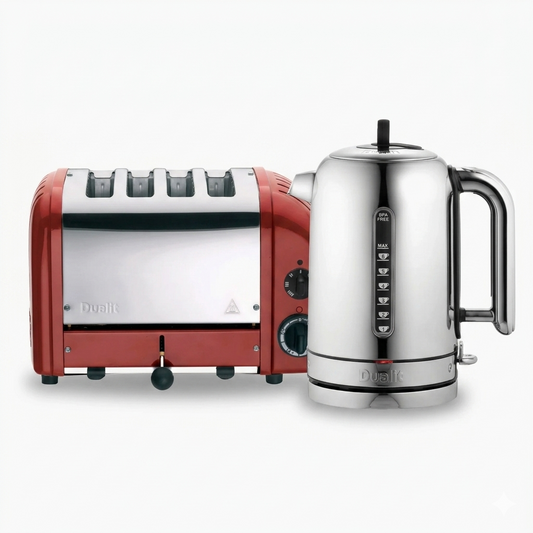 Red toaster and silver kettle on a white background
