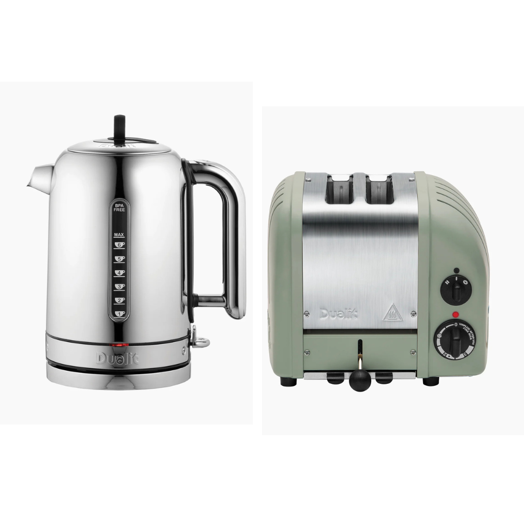 Dualit Classic Silver Kettle & Sage 2 Slice Vario AWS Toaster Kitchen Set