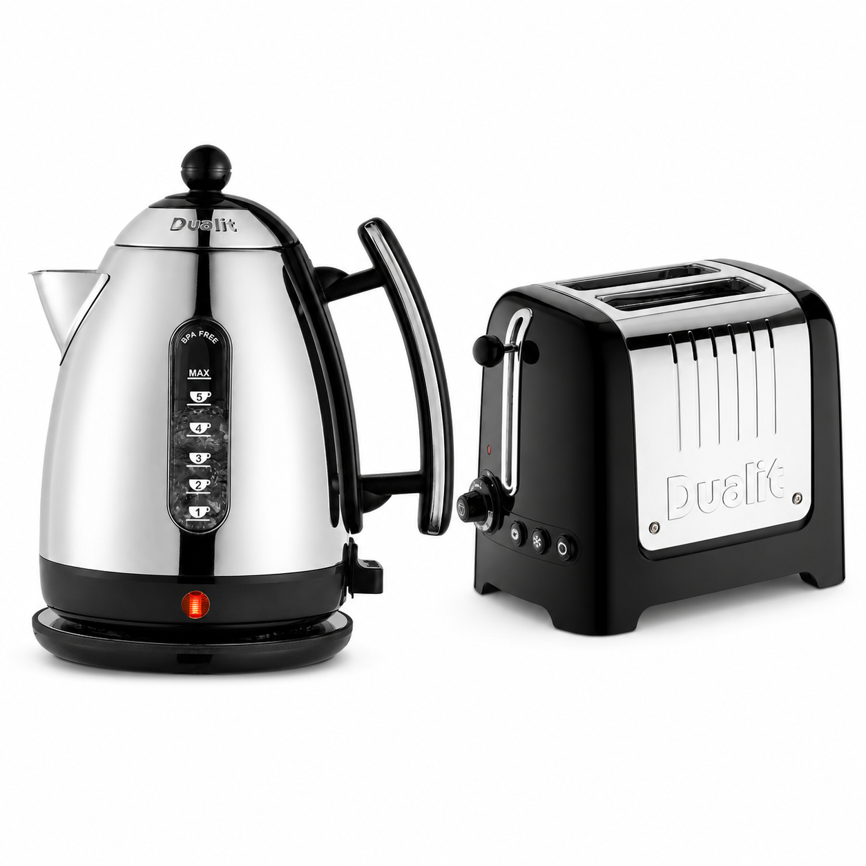 Dualit kitchen set: black jug kettle and 2-slice toaster with brushed steel accents