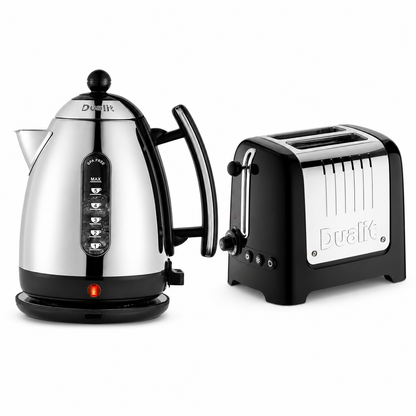 Dualit kitchen set: black jug kettle and 2-slice toaster with brushed steel accents