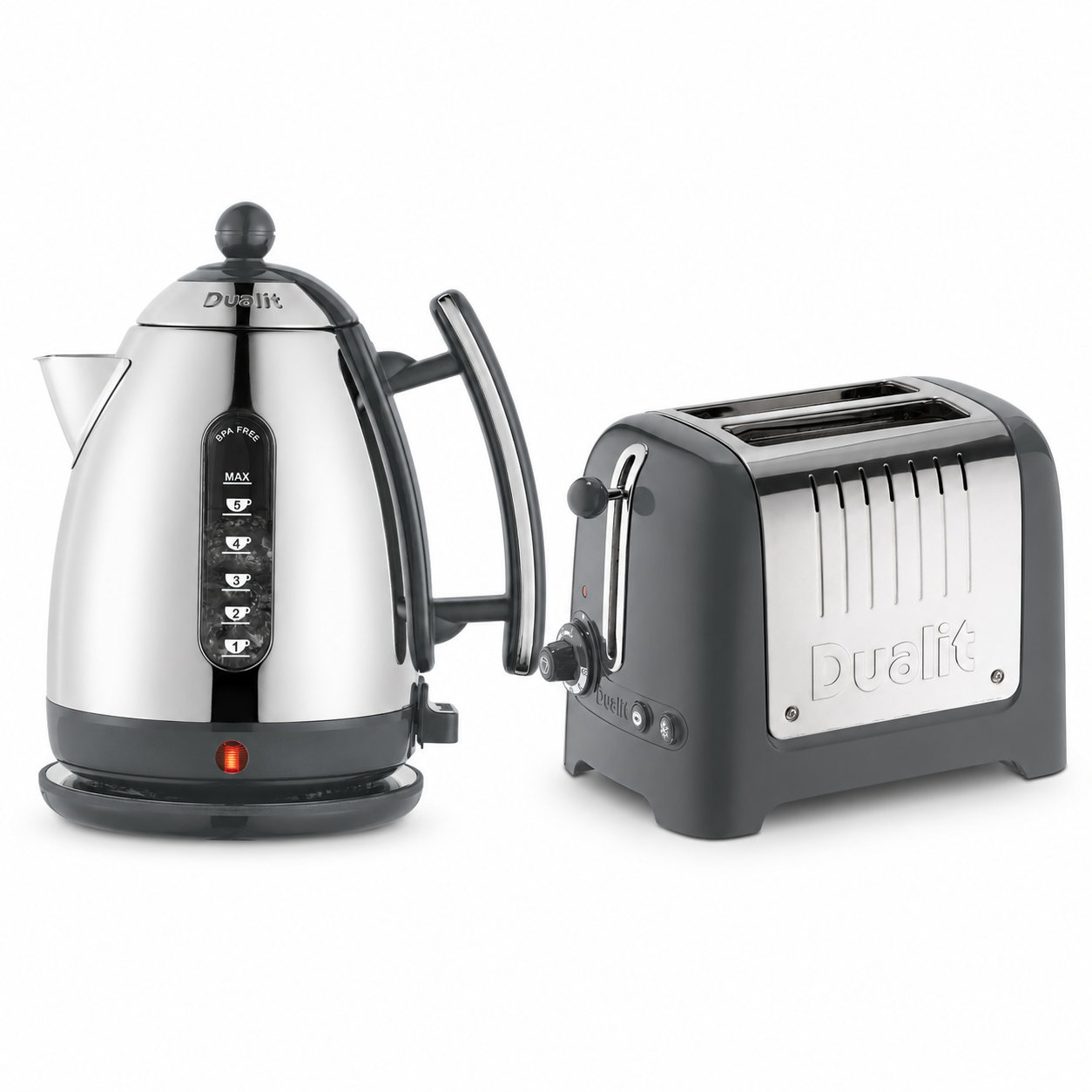 Dualit kitchen set with stainless kettle and grey toaster on a countertop