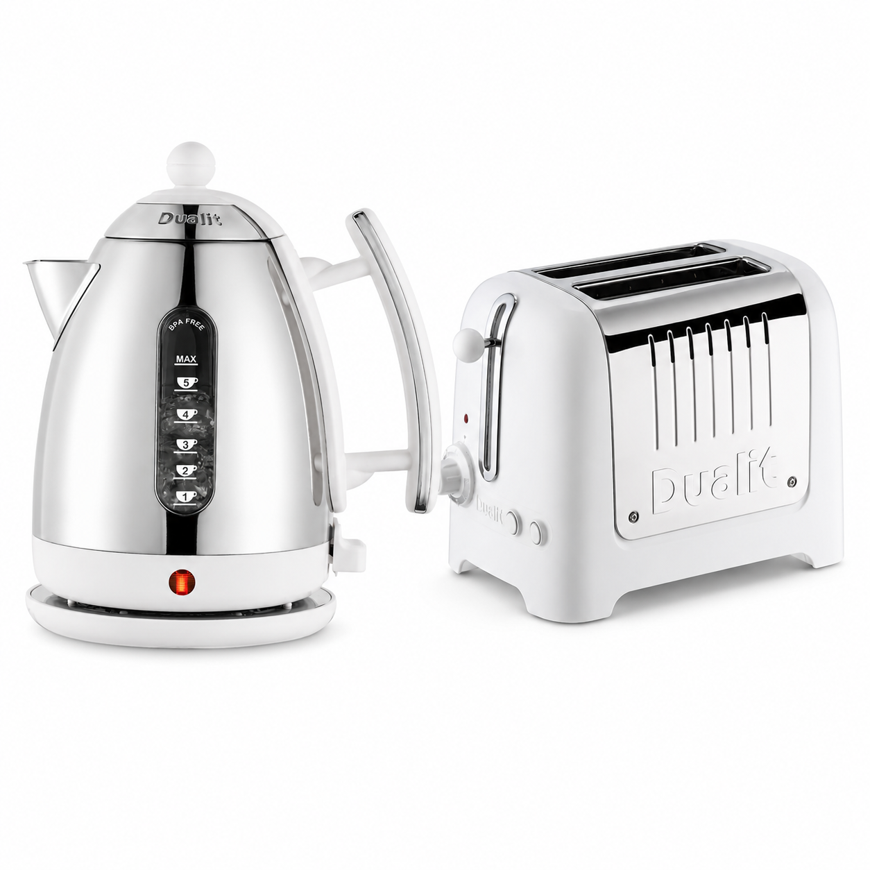White Dualit kettle and 2-slice toaster set with chrome accents