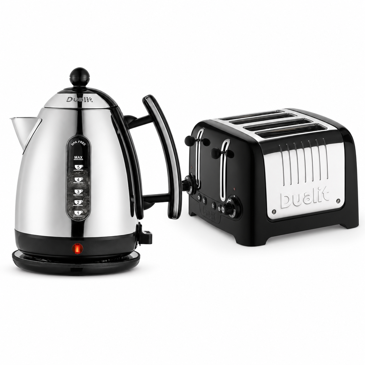 Electric kettle and black 4-slice toaster set with chrome accents on white background