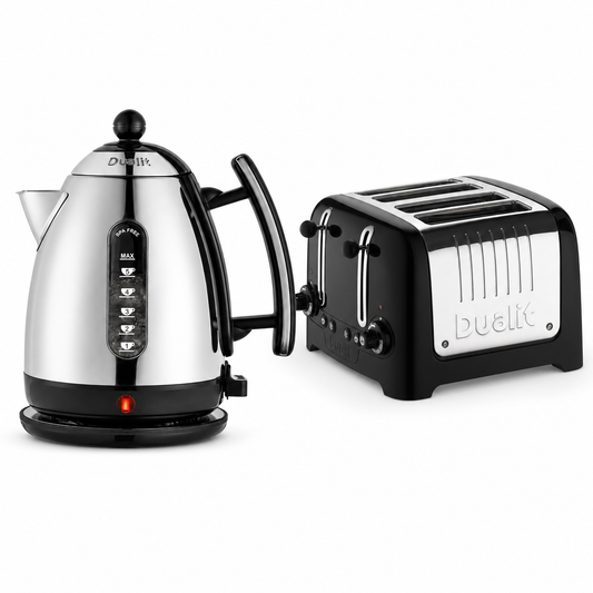 Electric kettle and black 4-slice toaster set with chrome accents on white background
