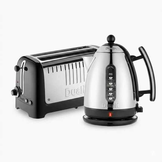 Dualit toaster and kettle on a white background